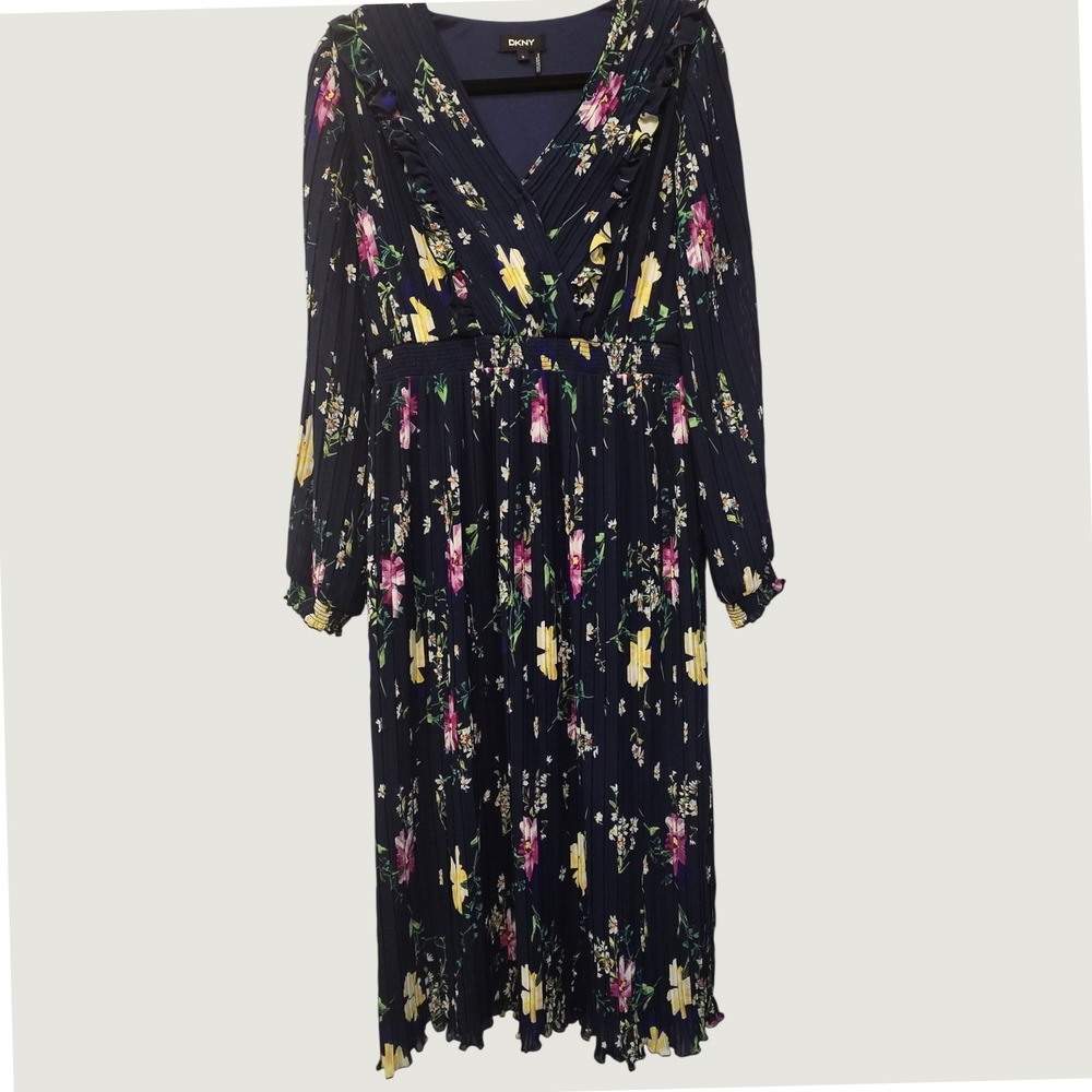 DKNY Floral Pleated Midi Maxi Dress Size 10 Navy Pink Yellow Long Sleeve Boho